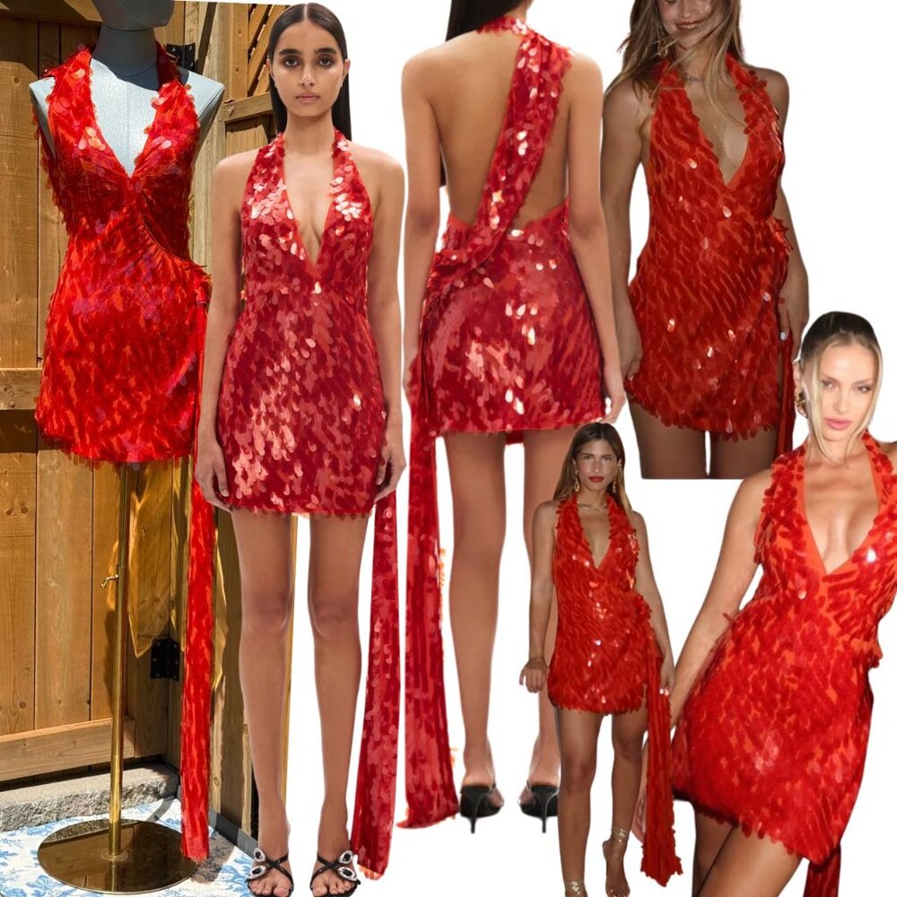 🆕 MISHA COLLECTION 🧿 NWOT Red Sapphire Sequins Mini Dress, Sz XS - Sz US 2